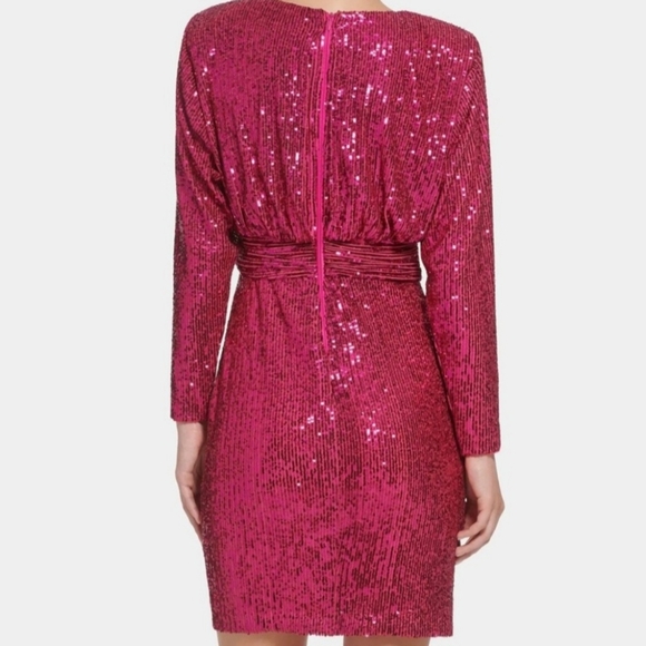 Eliza J Cocktail Dress Size 12 Pink Sequined Long Sleeve Draped Shoulder Pad NWT - Picture 2 of 10